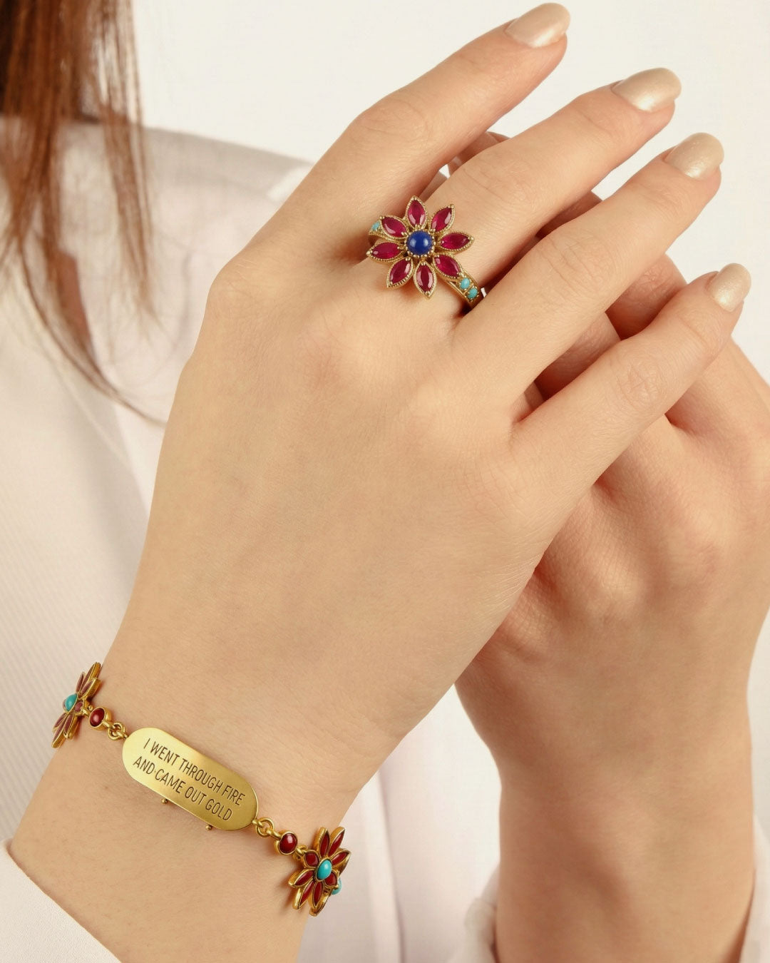 Orzala - Light of the Fire - 21k Gold, Ruby and Turquoise Bracelet
