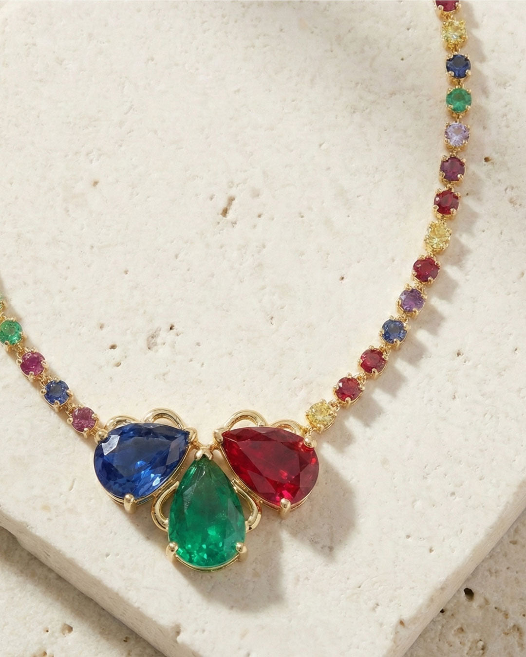 Lal-e-Zan, 21K Gold, Ruby, Emerald and Blue Sapphire Necklace