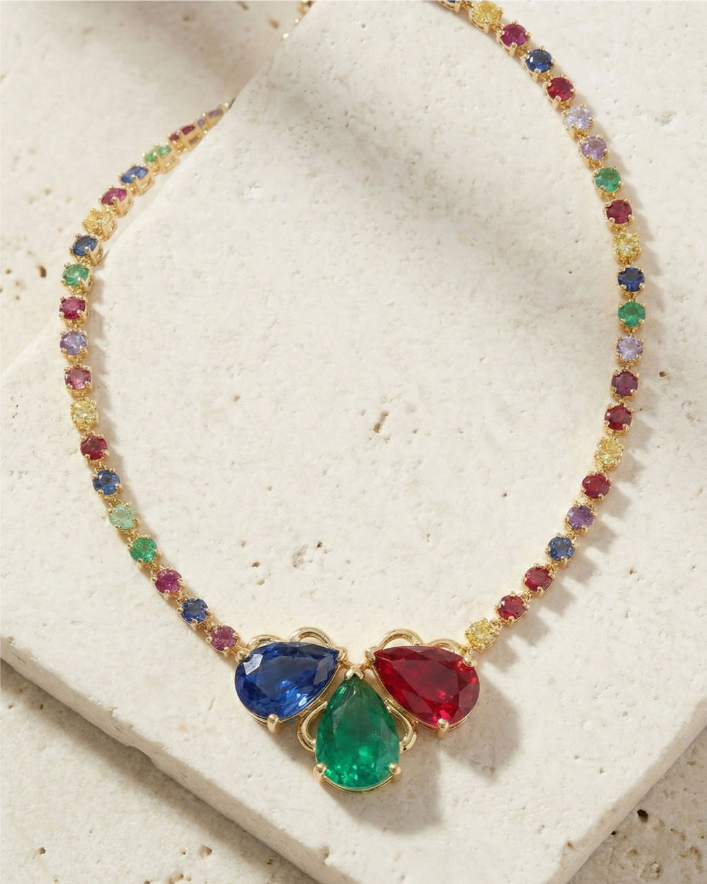 Lal-e-Zan, 21K Gold, Ruby, Emerald and Blue Sapphire Necklace