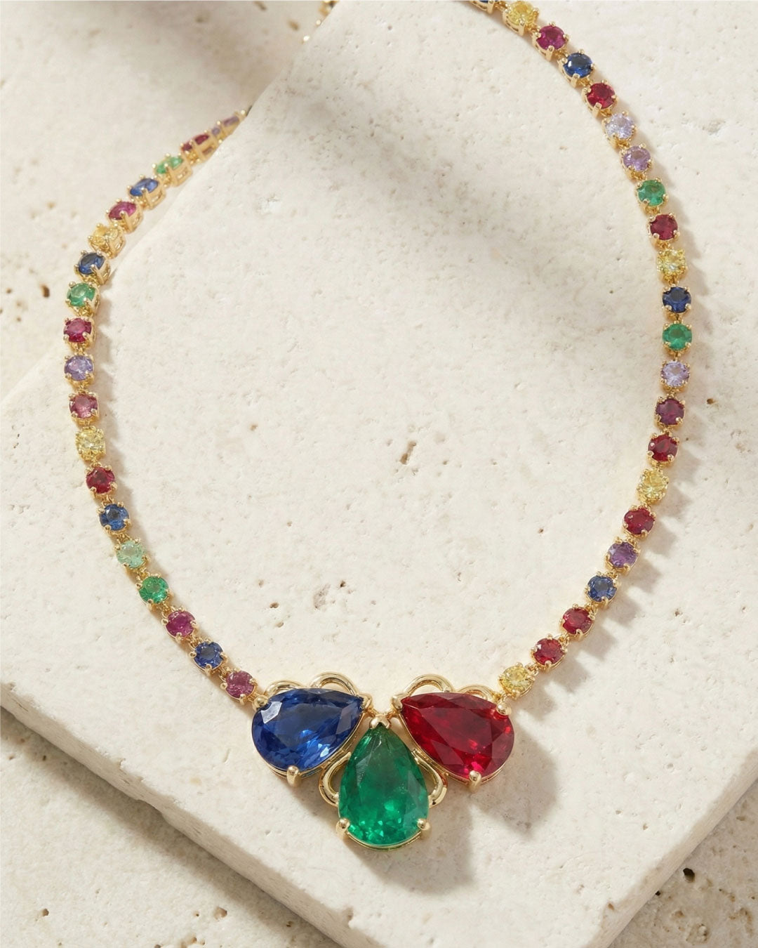 Lal-e-Zan, 21K Gold, Ruby, Emerald and Blue Sapphire Necklace