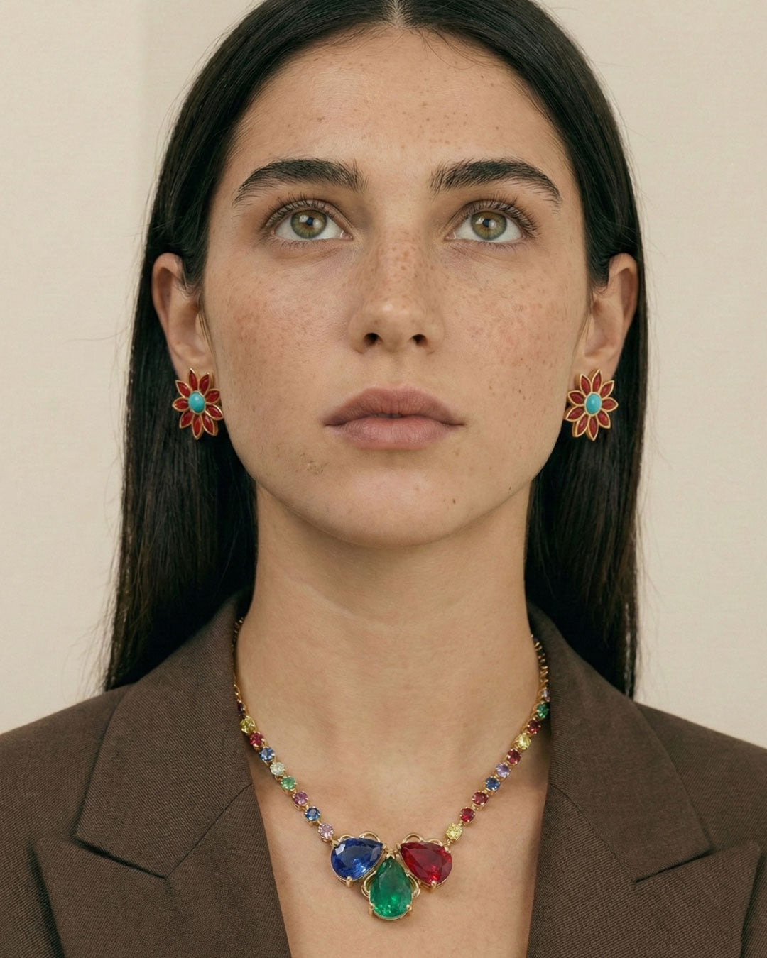 Lal-e-Zan, 21K Gold, Ruby, Emerald and Blue Sapphire Necklace