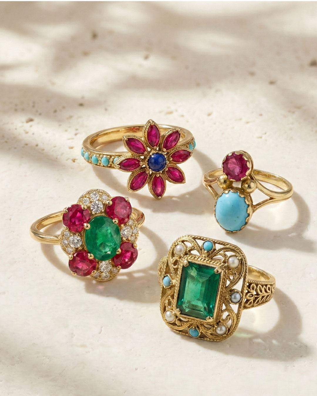 Taj - The Crown - 21k Gold, Emerald and Ruby Ring